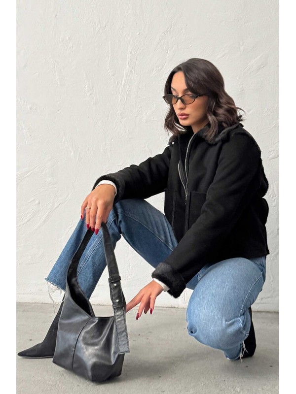 Topshow Süet Tavşan Lamine Toptan Mont - Siyah | F2027